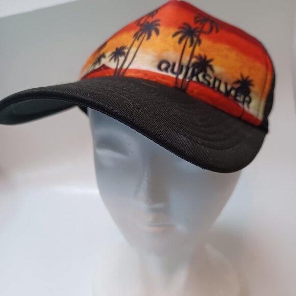 Quicksilver Trucker Hat Cap Snapback Orange Black Sunrise Sunset with Palm Trees - Picture 2 of 9
